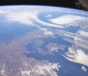 Denmark from space. The island of Bornholm is  in the bottom right corner.